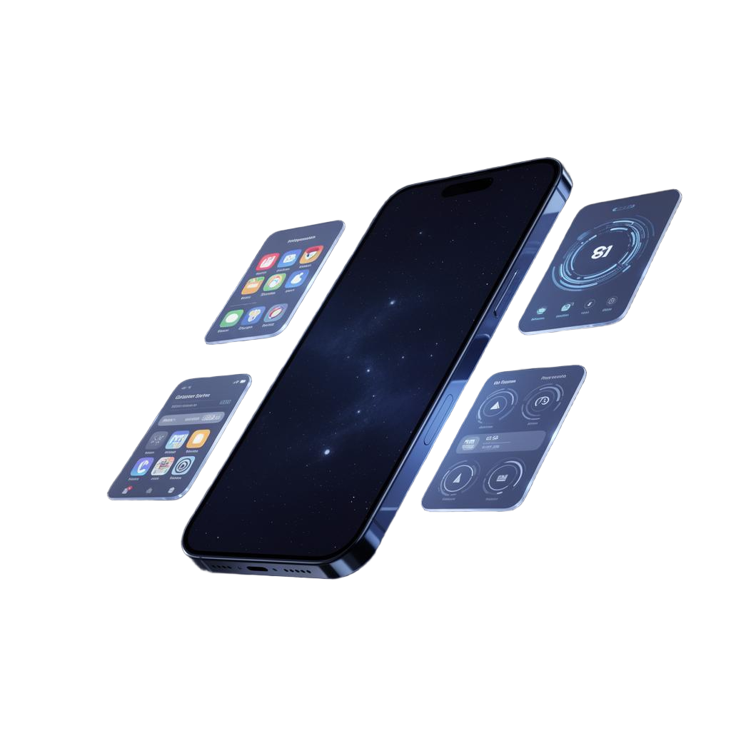 3D smartphone with floating app UI cards
